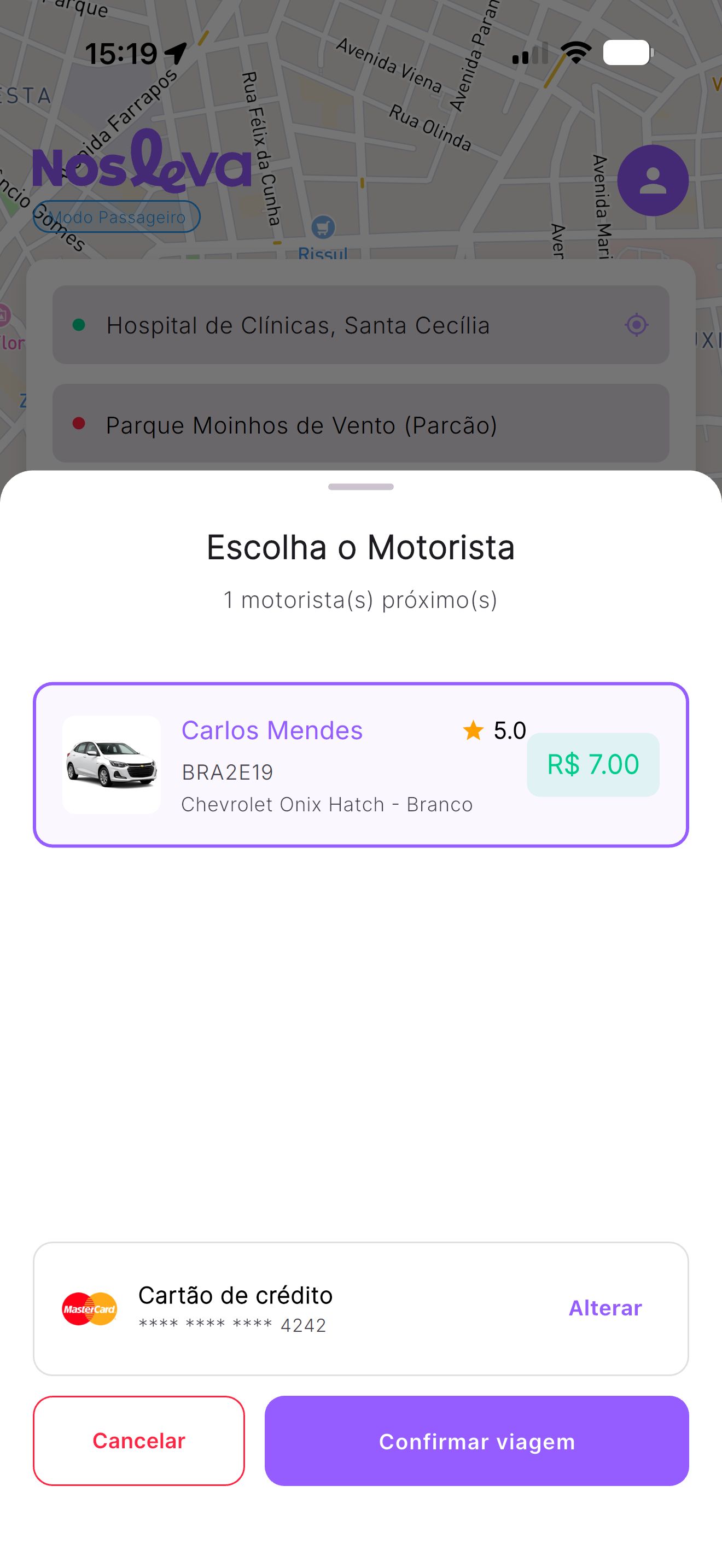 Tela Escolha o Motorista, com nome, nota, carro e valor da corrida