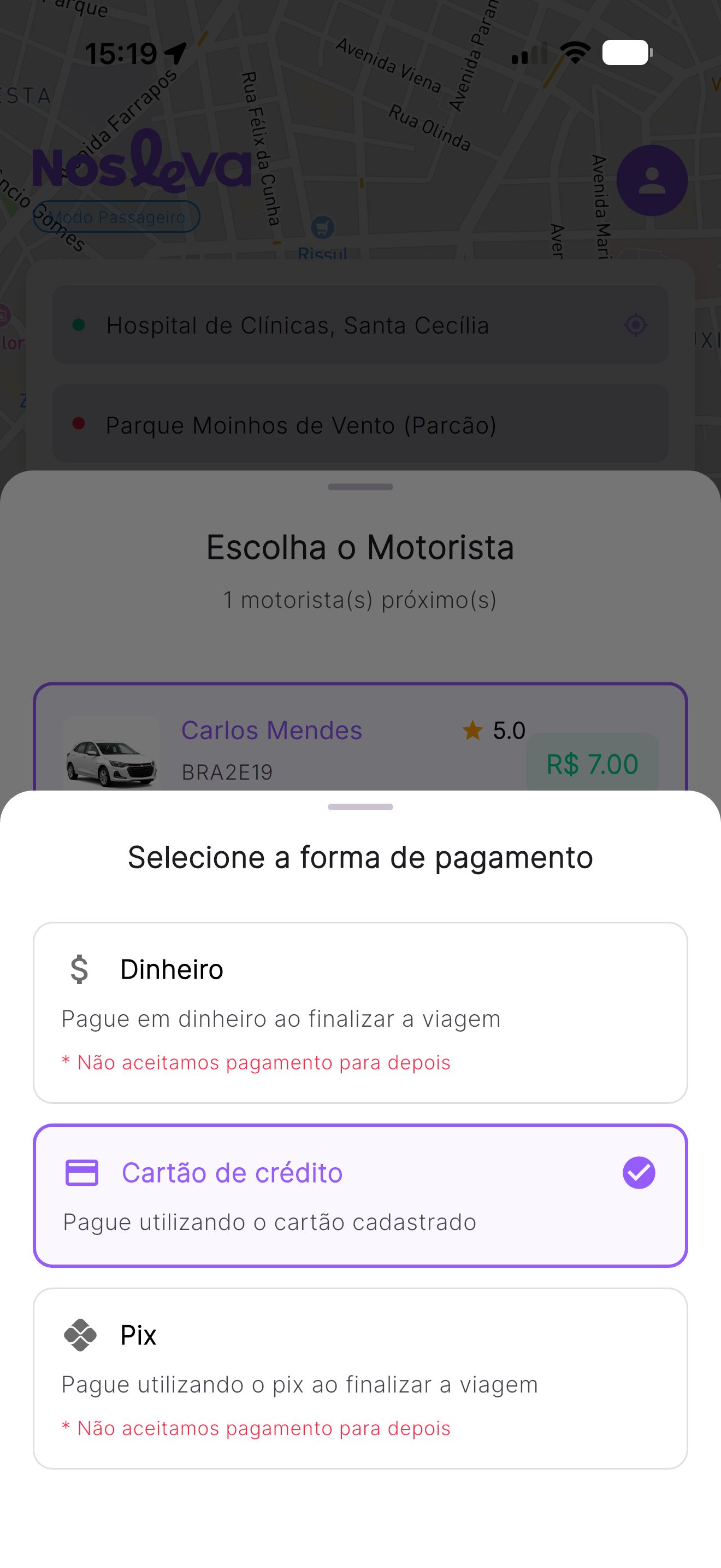 Tela de forma de pagamento com Dinheiro, Cartão de crédito e Pix